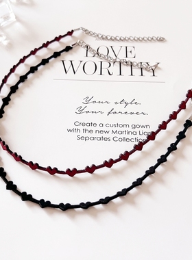 Yolo星球原宿细绳爱心项圈项链锁骨链choker朋克复古心形酒红皮绳