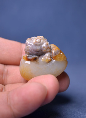 红皮白肉桃花玉独籽料金蟾手把件