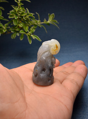 黄皮青花独籽白鹭把件印章小摆件