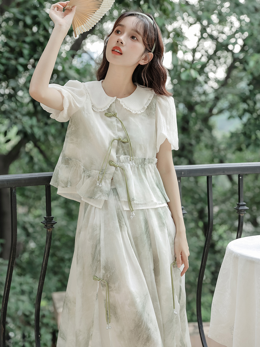 新中式连衣裙女装改良国风汉元素夏季汉服高腰甜美娃娃领禅意套装
