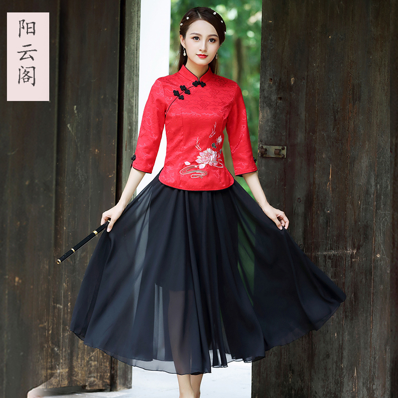 唐装复古中式七分袖修身改良旗袍中国民族风上衣女茶艺表演敬酒服