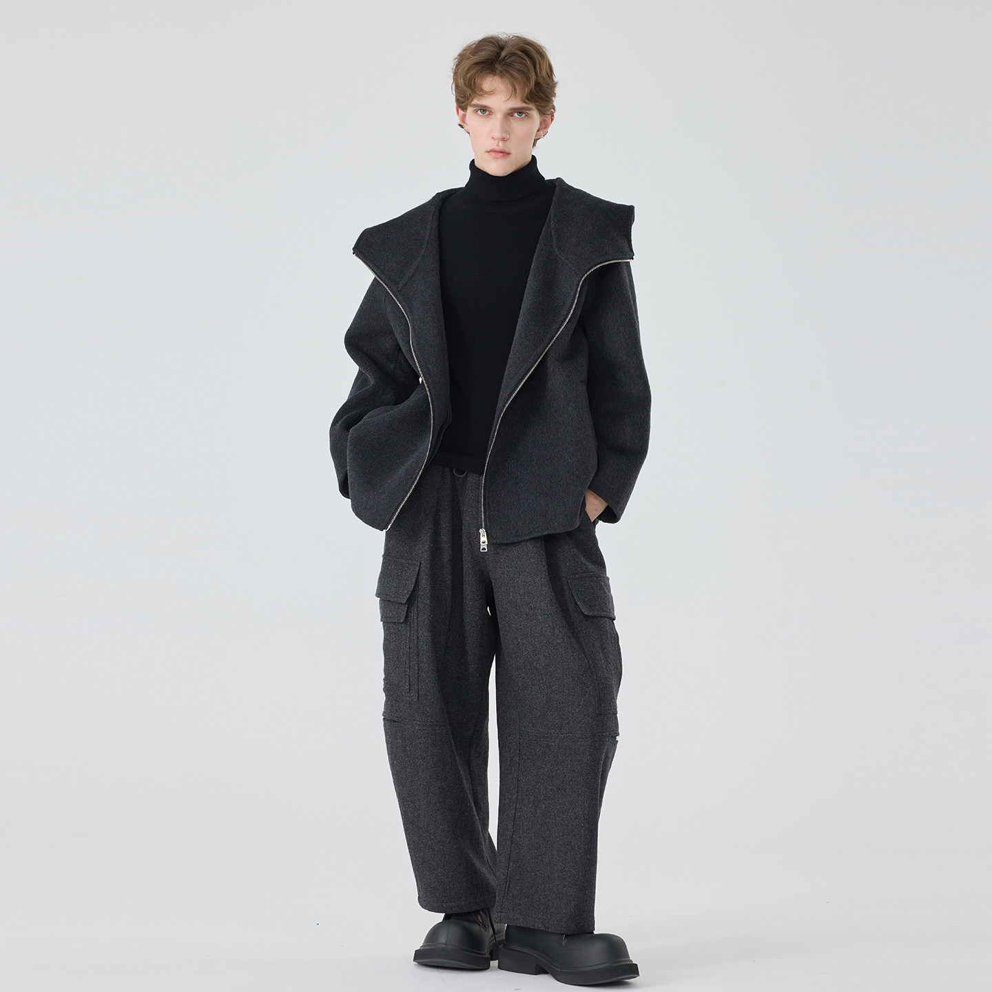 冬季原创设计师款男士休闲简约宽松短款双面羊毛连帽大衣外套,淘宝优惠券,粉丝福利购,淘宝优惠卷