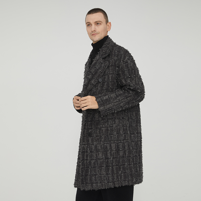 冬季中长款毛呢大衣男士宽松休闲复古原创设计师款粗花呢格子外套