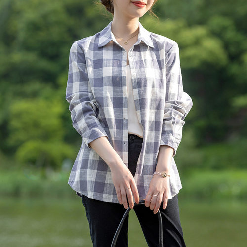 富木纯棉竹节长袖衬衫女新款春秋灰白格休闲衬衣百搭女装WZ-311R2 - 图1