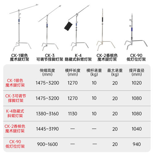 金贝C型魔术腿不锈钢灯架可拆式脚架横杆横臂顶灯支架补光灯支架摄影闪光灯加粗三脚架CK1/CK2/CK3/CK90/K-4 - 图1