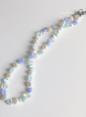 奶油光泽少女珍珠蓝色花朵小众