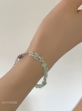 薄荷绿少女日本米珠手工花朵项链