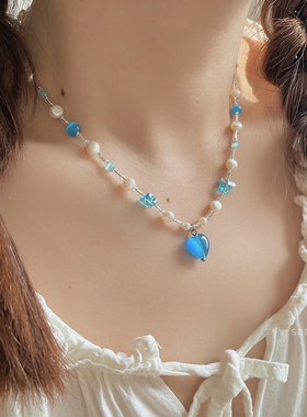 清凉夏日之心蓝色少女猫眼石项链