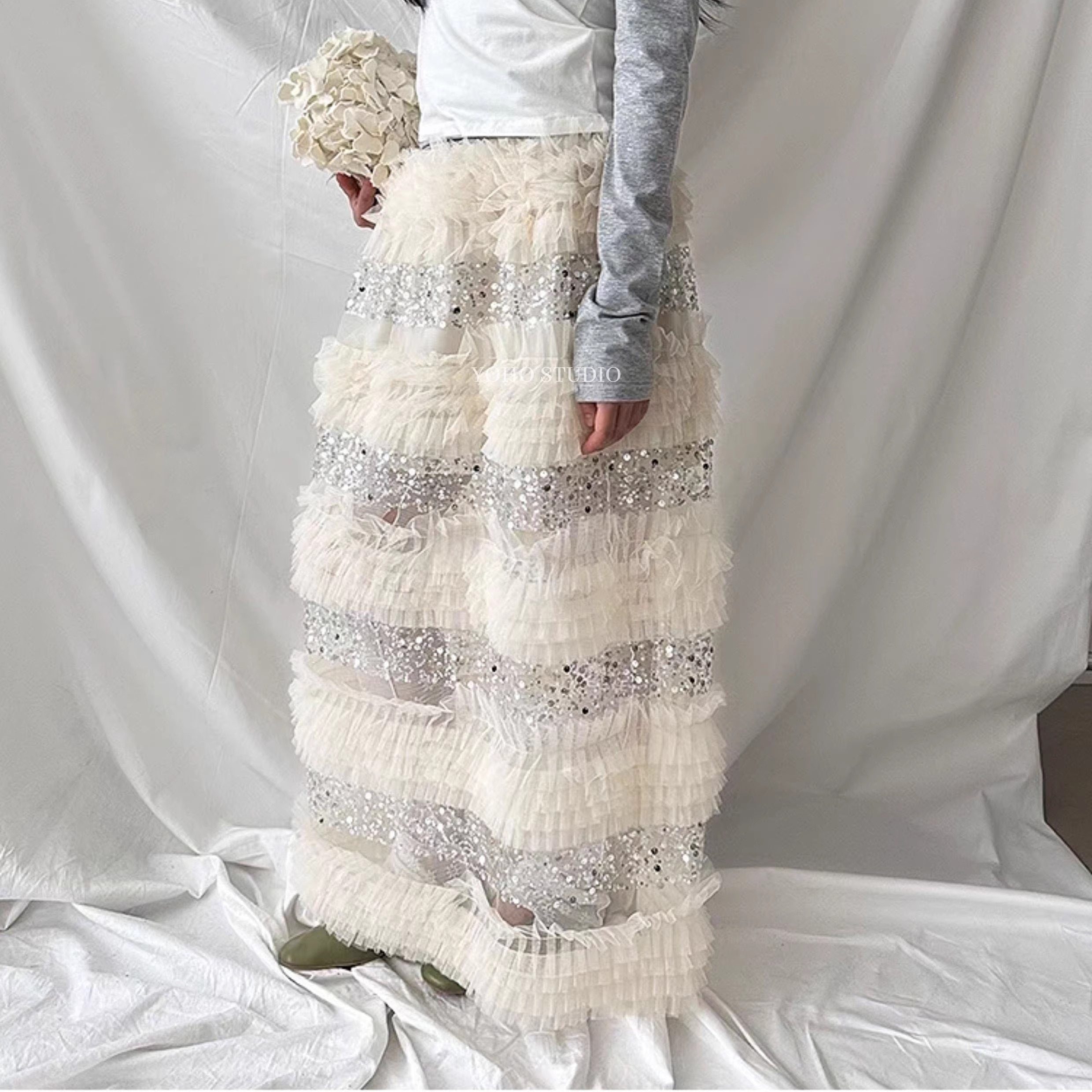 韩国东大门仙女裙松紧腰纱网荷叶边亮片蛋糕半身裙长裙子,淘宝优惠券,粉丝福利购,淘宝优惠卷