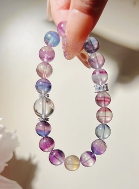 「彩虹萤石」天然水晶手链白水晶