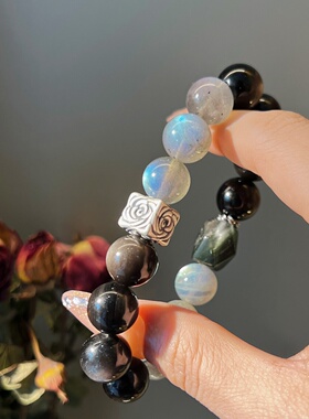 天然银曜石灰月光设计款手链