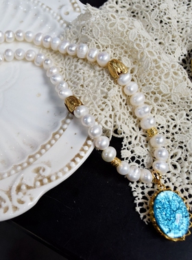 贝玛B美产蓝色琉璃欧泊珍珠项链优雅花朵吊坠项链原创手作年代品