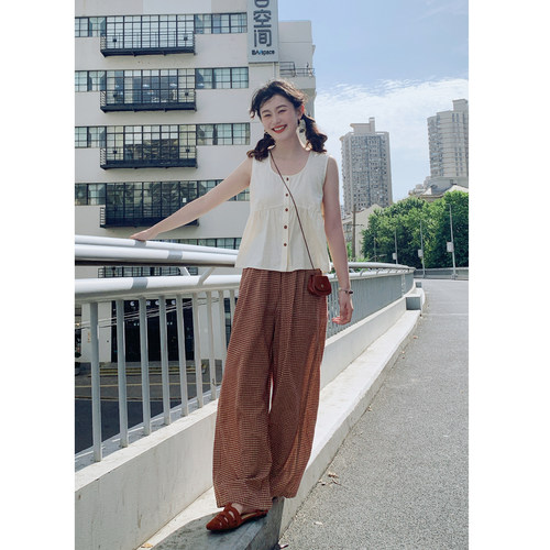 花吉L109焦糖红松紧腰纯棉复古格子直筒休闲长裤女2026新款夏宽松 - 图2