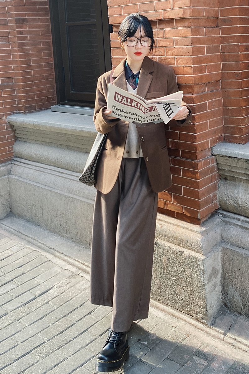 花吉A665咖色复古秋冬内里绗棉毛呢西装棉服外套女韩版宽松2025年 - 图1