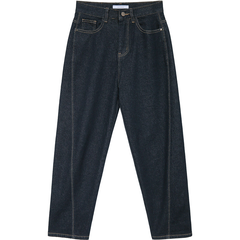 花吉K041深蓝色高腰复古弹性九分斜拼缝线牛仔裤女2025年新款秋冬 - 图3