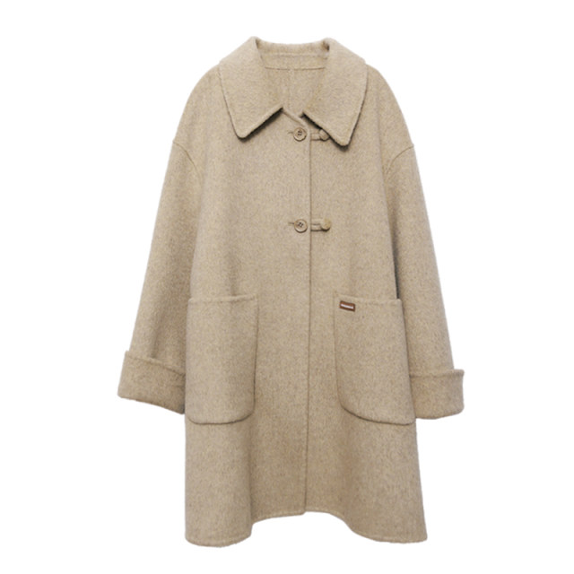 花吉B875奶茶色宽松中长款羊毛双面呢女2025新款秋冬学院风大衣