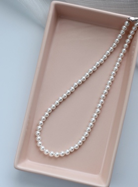 s925施家珍珠项链纯银元宝扣fever法式锁骨链正圆强光颈链轻奢