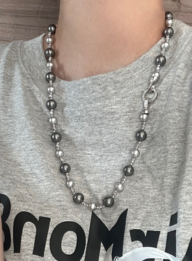 Siaon 真多麻银灰色大溪地混珠仿施家珍珠女项链锆石双扣头毛衣链