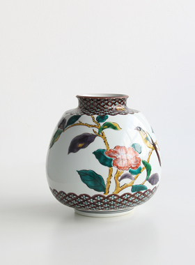 日本九谷烧名家手绘瓷花鸟纹小花瓶日式家居高端插花器摆件赏器