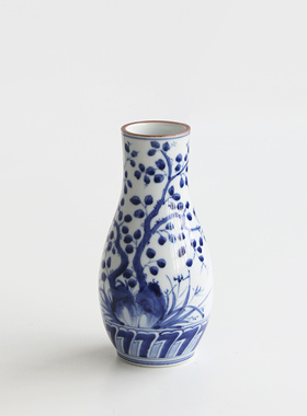 日本清水烧作家手工青花瓷花鸟纹小花瓶茶杓立日式插花器家居摆件