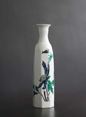 日本九谷烧名家手作彩绘草花纹八棱小口瓷花瓶日式插花器家居摆件