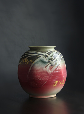 日本进口清水烧作家手工金箔流釉彩纹花瓶日式插花器家居装饰摆件