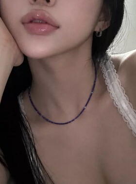 拾年书生 天然青金石2mm方糖珠 欧美ins风辣妹细锁骨链