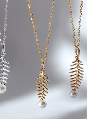 千族银新品爆款不锈钢鱼骨项链气质珍珠锁骨链吊坠