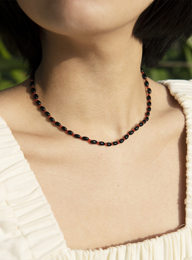 极细黑红配色小众天然玛瑙锁骨链