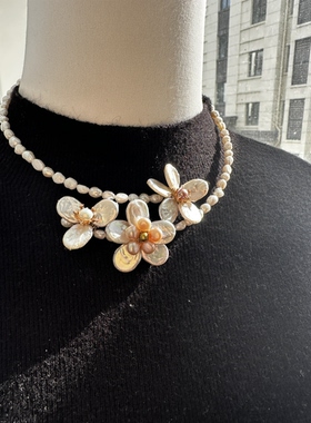 天然淡水珍珠编织款花朵项链