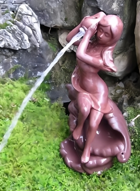 紫砂喷水海螺美女陶瓷户外摆件