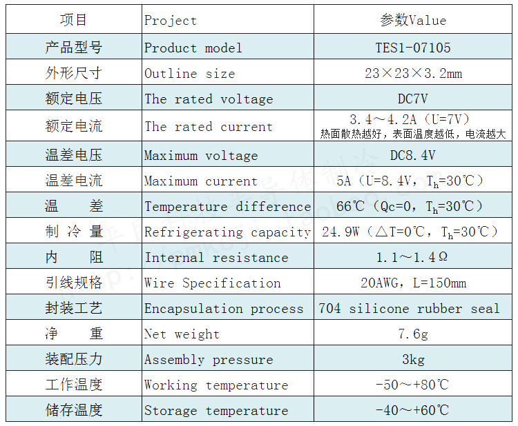 232307105美容仪器设备散热降温常用妍东8.4V5A制冷片TES1-07105