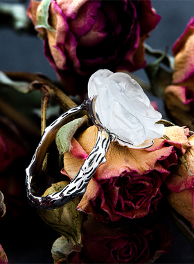 水晶玫瑰花朵森系纯银复古戒指食