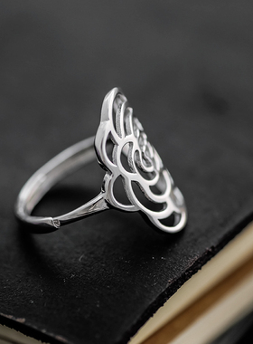 玫瑰925纯银宽戒指日韩可调节女