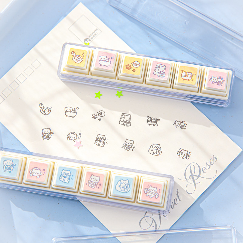 可爱手帐六联印章卡通喵咪插画可拆卸高颜值打卡手账本笔记装饰印,淘宝优惠券,粉丝福利购,淘宝优惠卷