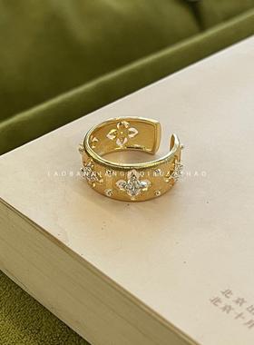 超好看！重工双色电镀18K真金锆石开口复古花朵镂空轻奢小众戒指