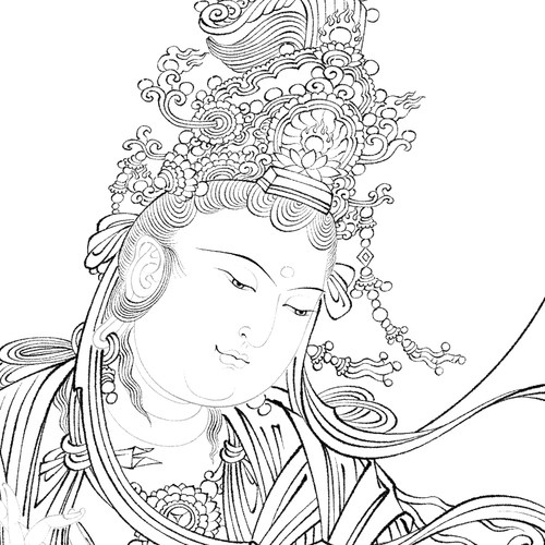 工笔画敦煌壁画文殊普贤佛像人物打印白描底稿高清大图勾线打印稿 - 图1
