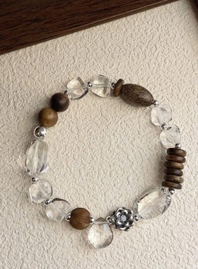 沉香木檀木奥地利人造k9白水晶银制手链小众中式美学质感十足手串