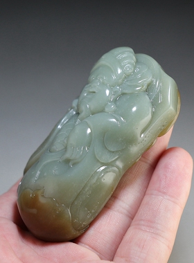 [原创]天然和田玉纯手工雕刻财神手把件 糖青白玉手玩件 楼叔孤品