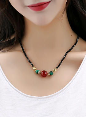 红玛瑙脖子装饰品水晶黑色锁骨链