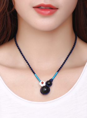 天然黑石手工编织女简单锁骨链