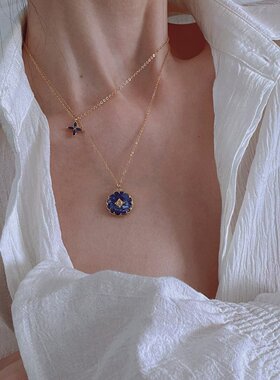 质感蓝四叶草叠戴宝石罗盘项链