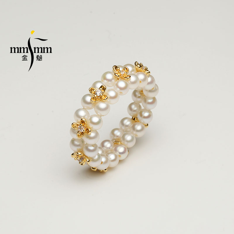 Golden Charm 3-4mm Osmanthus double-row freshwater pearl ring, fashionable and elegant high-end jewelry birthday gift