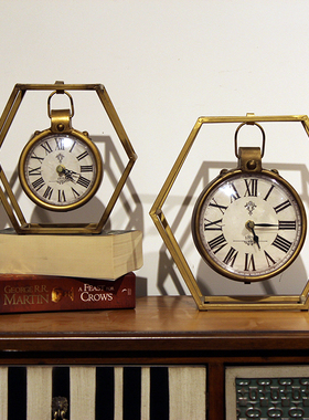 复古美式台钟摆件金属桌面装饰品