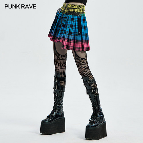 *小破亚文化 PUNK RAVE pr朋克状态女装段连彩色格子短半裙-图0