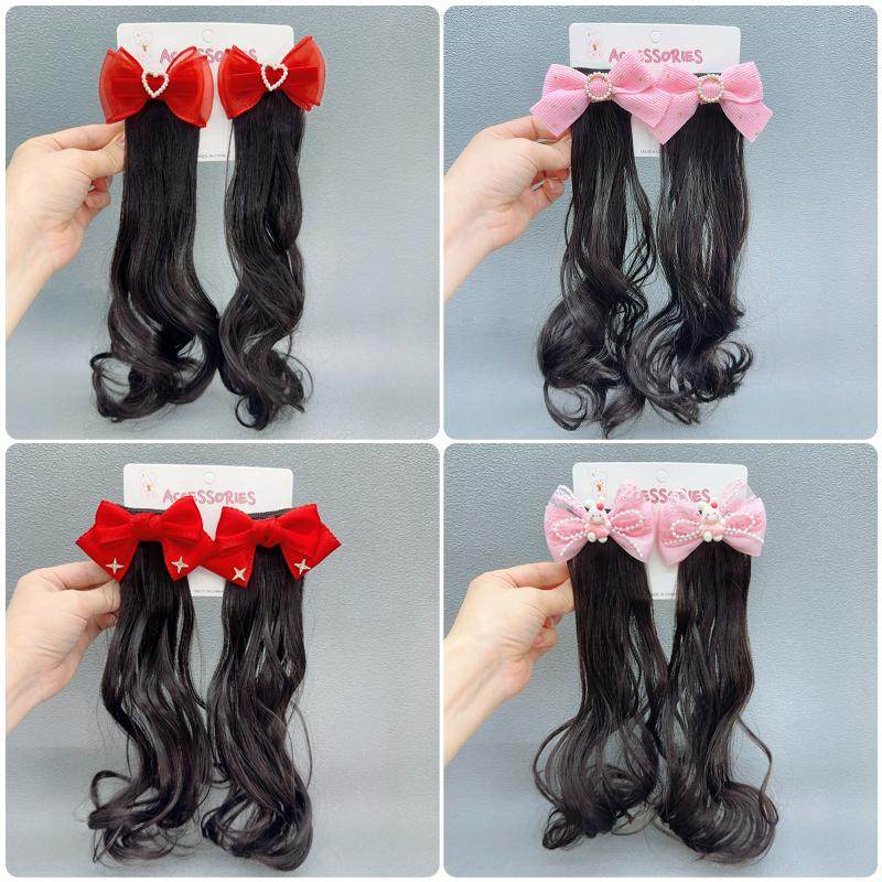 儿童新年红自然黑波浪卷仿真假发头饰蝴蝶结对夹小女孩洋气高马尾,淘宝优惠券,粉丝福利购,淘宝优惠卷