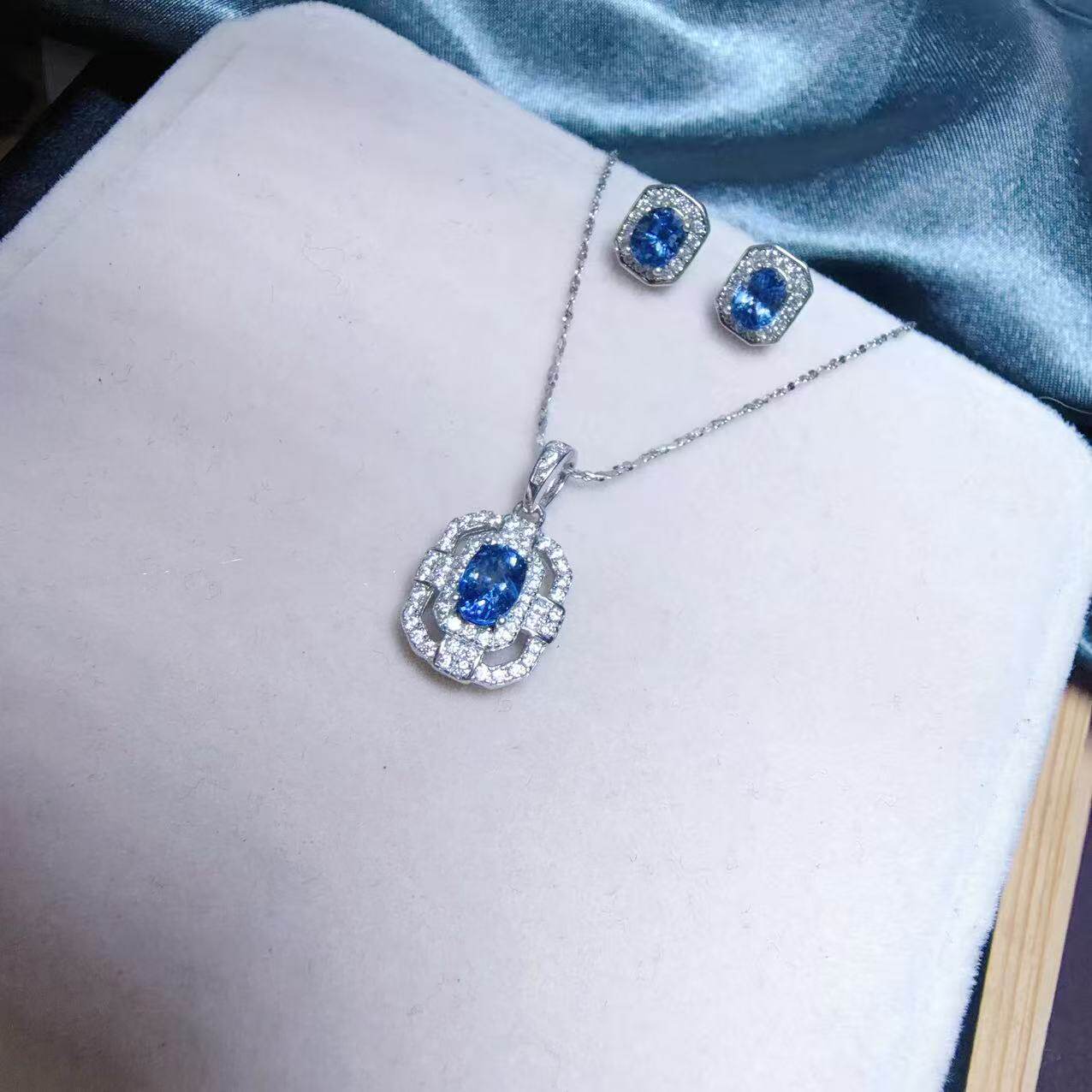 Natural Cornflower Sapphire 925 Silver Jewelry Set