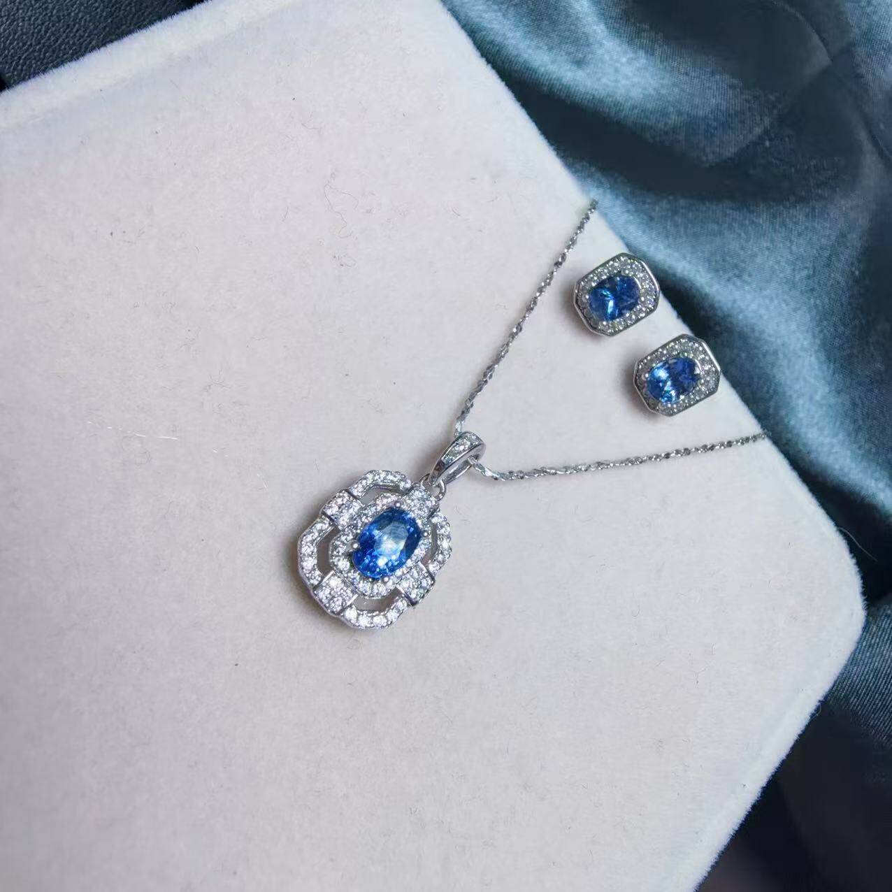 Natural Cornflower Sapphire 925 Silver Jewelry Set