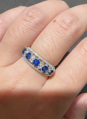 18k金皇家蓝宝石戒指天然真钻石蓝宝石排戒彩宝指环