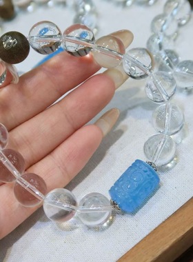 天然白水晶手链加海蓝宝回纹珠男女款送亲朋佳礼